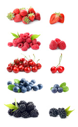 Image of Set of different ripe berries on white background