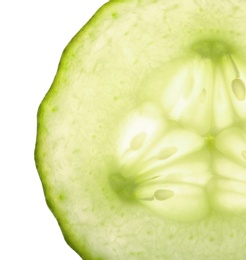 Photo of Slice of ripe cucumber on white background, closeup