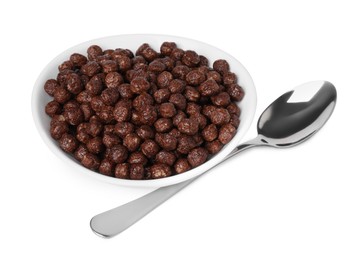 Photo of Chocolate cereal balls in bowl and spoon isolated on white