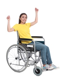 Photo of Happy young woman in wheelchair isolated on white