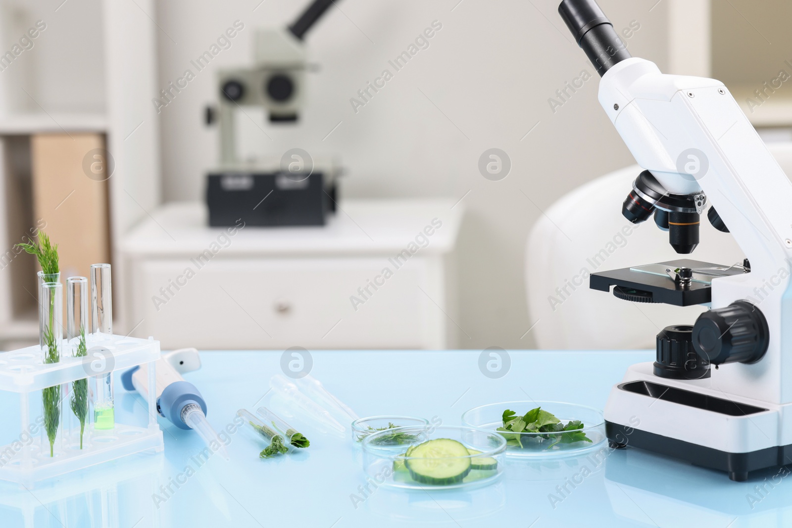 Photo of Food quality control. Microscope, petri dishes with different products and other laboratory equipment on light blue table