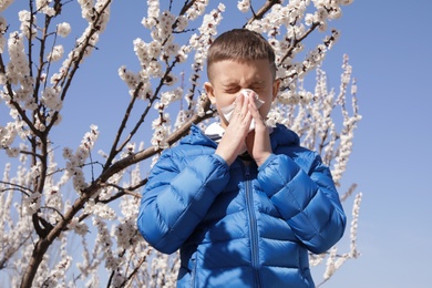 Photo of Little boy suffering from seasonal allergy outdoors on sunny day