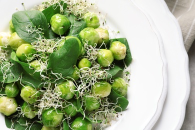 Photo of Plate of delicious salad with Brussels sprouts on table, top view