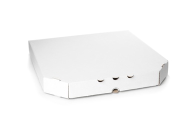 Photo of Pizza box isolated on white, mockup for design. Food delivery