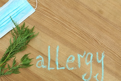 Photo of Flat lay composition with ragweed plant (Ambrosia genus) and word "ALLERGY" written on wooden background. Space for text