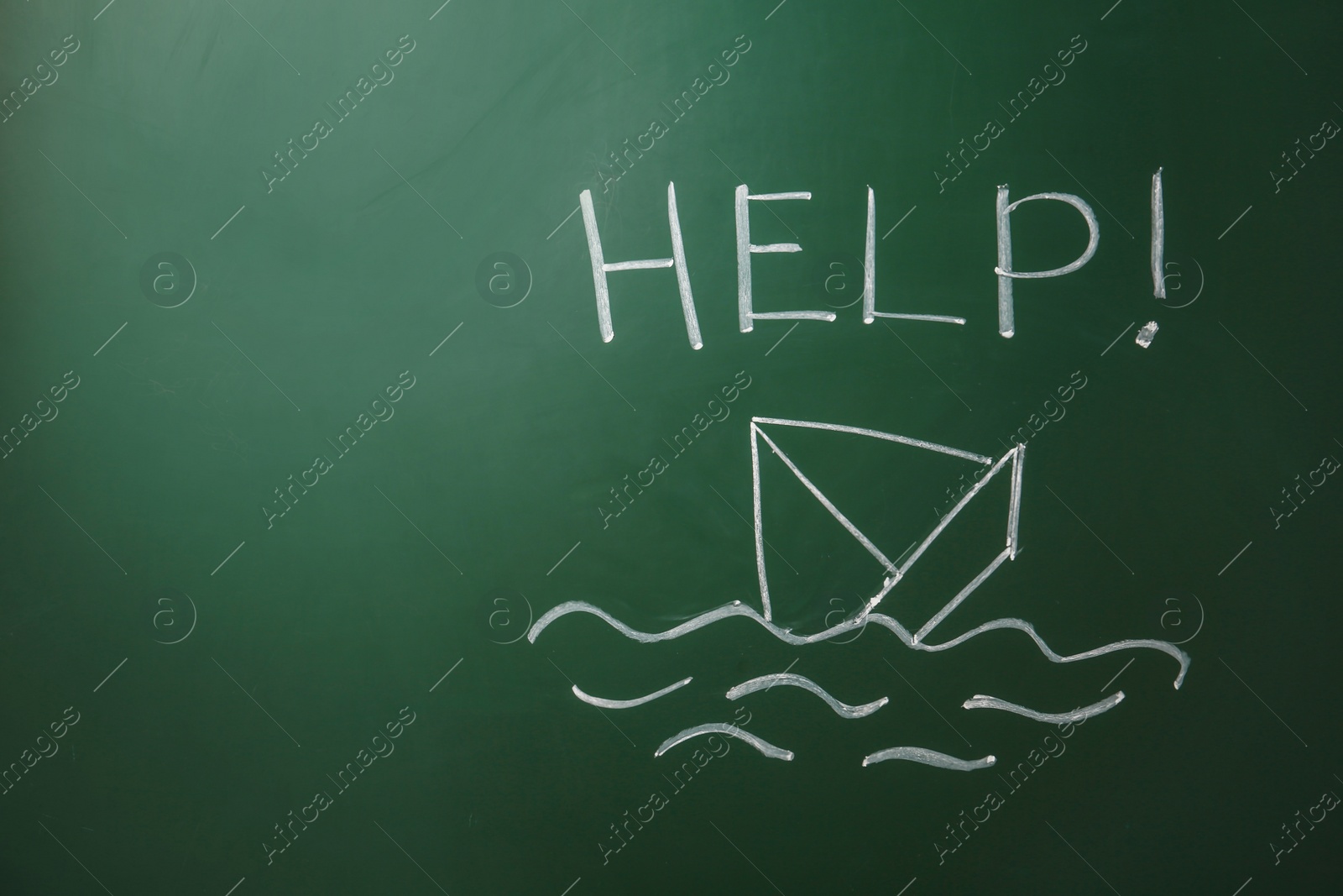 Photo of Drawing of sinking boat and word "Help" on green chalkboard. Space for text