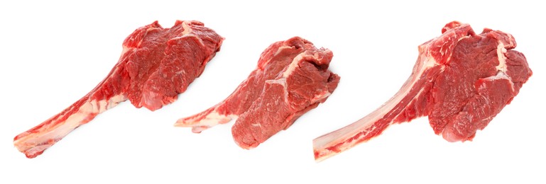 Image of Set of raw beef steaks isolated on white, top view