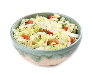 Photo of Tasty salad with Chinese cabbage, bell pepper and green onion in bowl isolated on white