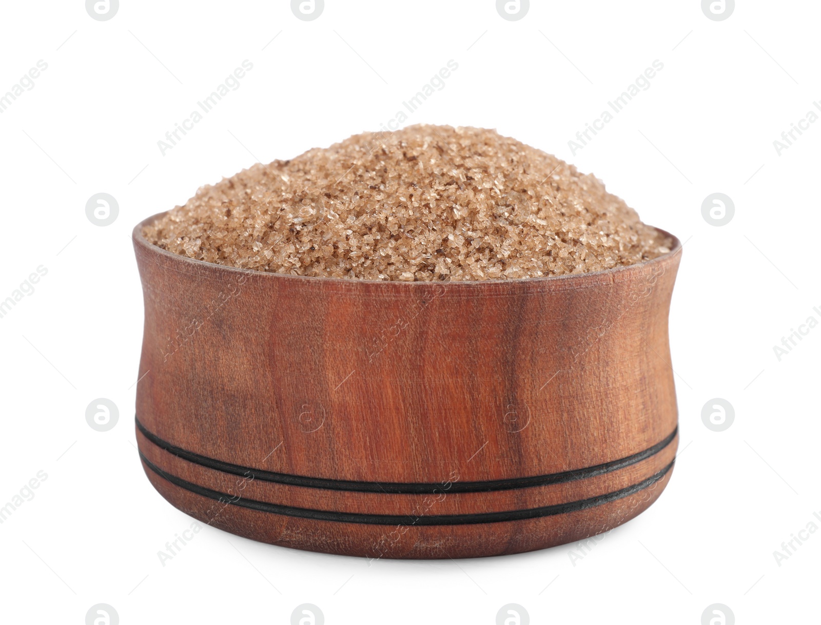 Photo of Brown salt in wooden bowl isolated on white