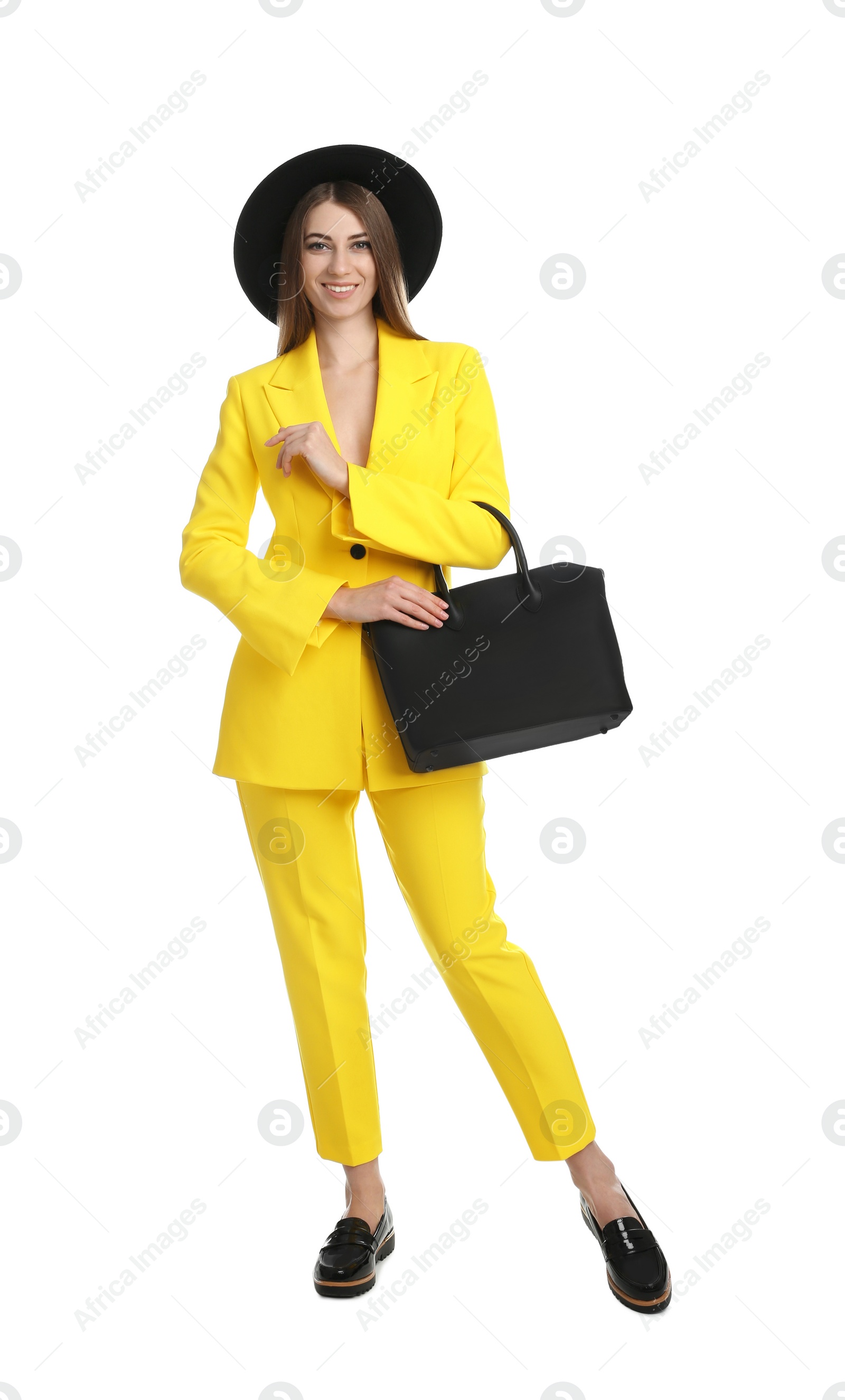 Photo of Beautiful young woman with stylish bag on white background