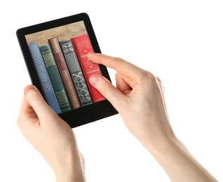 Image of Woman using e-book reader on white background, closeup