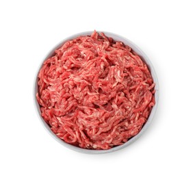Photo of Raw ground meat in bowl isolated on white, top view
