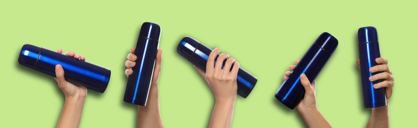 Image of People holding blue thermoses, collage of photos on light green background. Banner design 