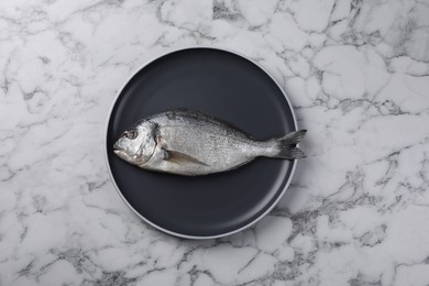 Photo of Fresh dorado fish on white marble table, top view