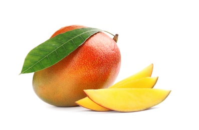 Photo of Delicious ripe mangoes on white background. Tropical fruit