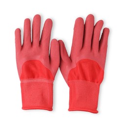 Photo of Pair of red gardening gloves isolated on white, top view