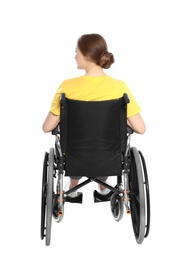 Photo of Young woman in wheelchair isolated on white