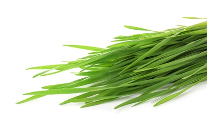 Photo of Green organic wheat grass on white background
