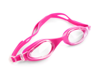 Photo of Pink swim goggles isolated on white. Beach object