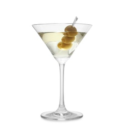 Photo of Glass of olive martini on white background