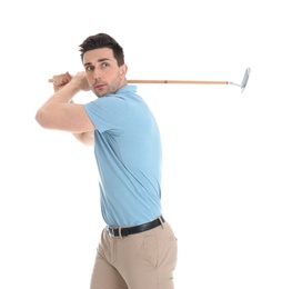 Photo of Portrait of young man with golf club isolated on white