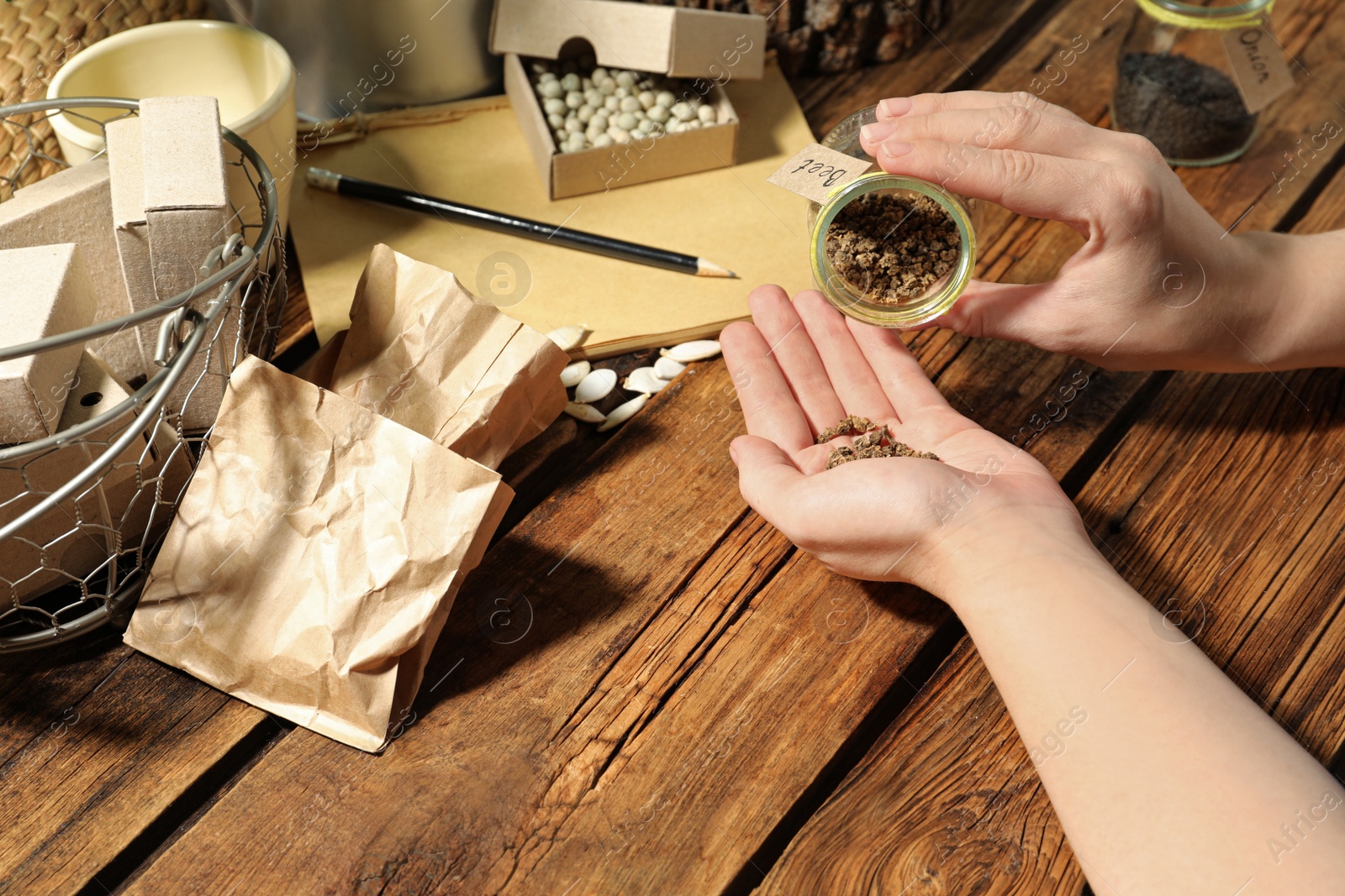 Photo of Woman with vegetable seeds at wooden table, closeup