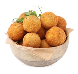 Bowl with delicious fried tofu balls and pea sprouts on white background