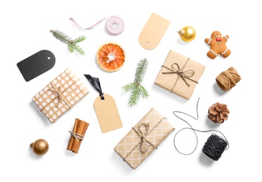 Flat lay composition with Christmas gifts on white background