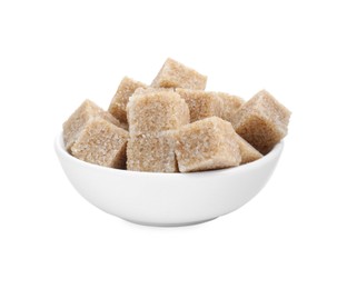 Photo of Brown sugar cubes in bowl isolated on white