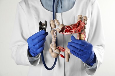 Gastroenterologist holding human colon model and stethoscope on white background, closeup