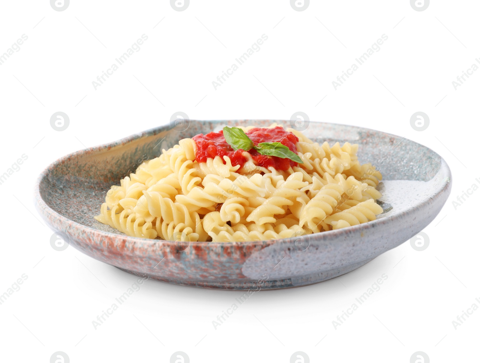 Photo of Tasty pasta with tomato sauce and basil isolated on white