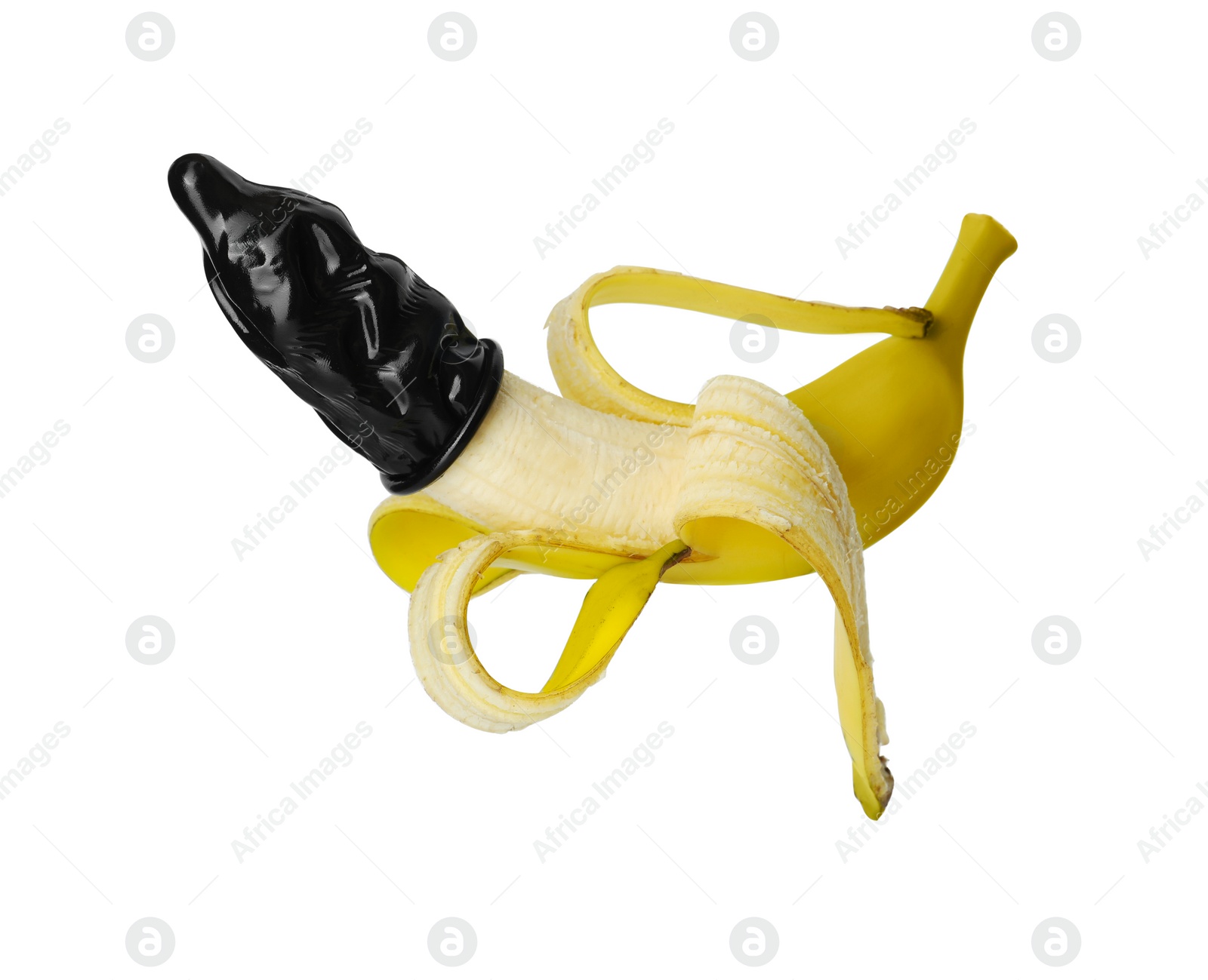 Photo of Banana with condom isolated on white. Safe sex concept