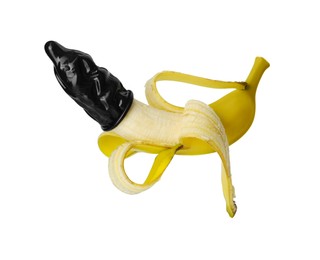 Photo of Banana with condom isolated on white. Safe sex concept