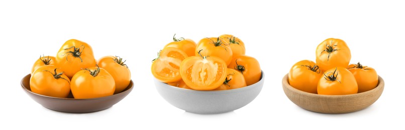 Set with fresh ripe yellow tomatoes on white background. Banner design 