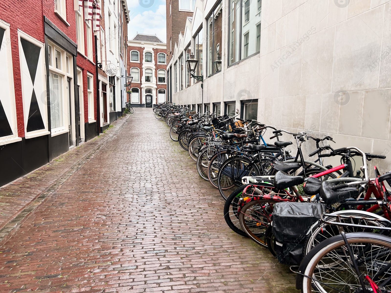 Photo of Many parked bicycles near building on city street