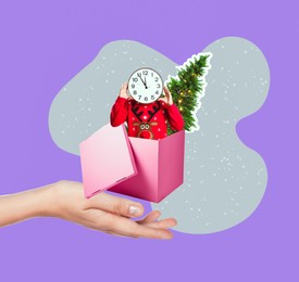 Christmas art collage. Man with clock head and fir tree popping out of gift box on woman's hand against color background