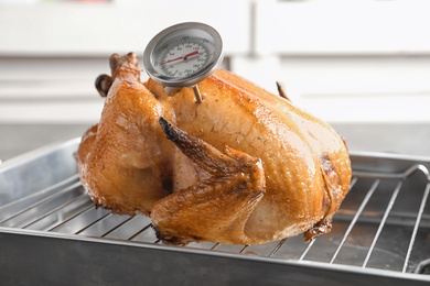 Photo of Roasted turkey with meat thermometer on baking rack