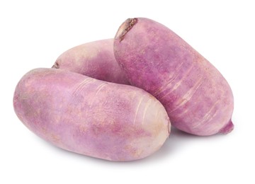 Ripe purple daikon radishes isolated on white