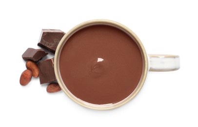 Photo of Yummy hot chocolate in mug on white background, top view