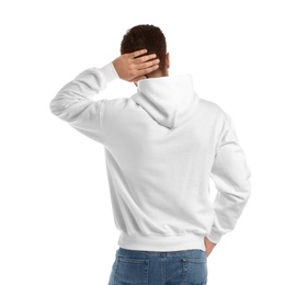 Photo of Young man in sweater isolated on white. Mock up for design
