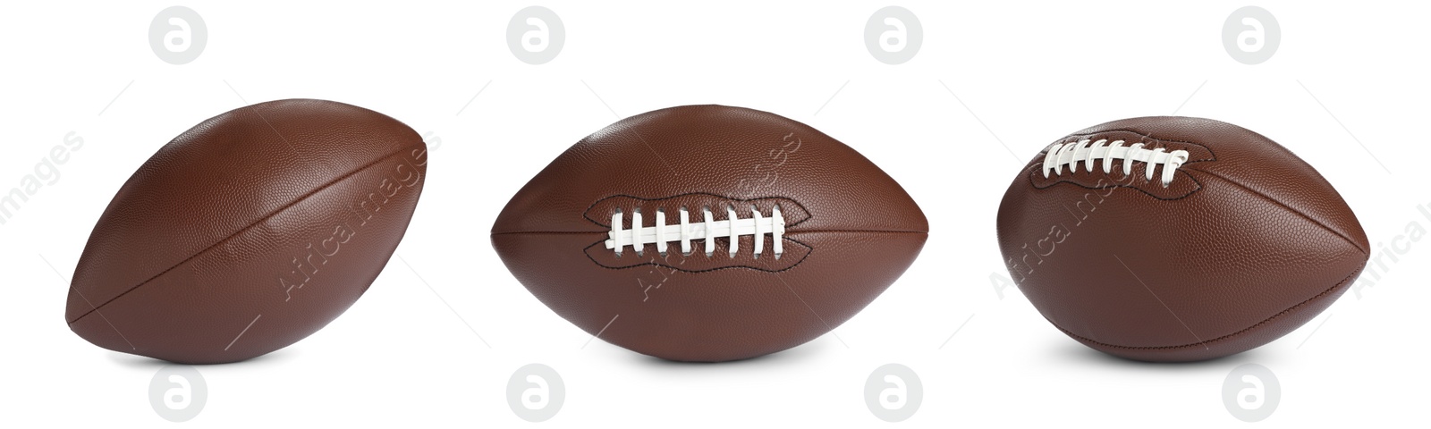 Image of Set with leather American football balls on white background, banner design. Football equipment