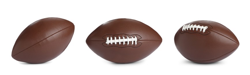 Image of Set with leather American football balls on white background, banner design. Football equipment