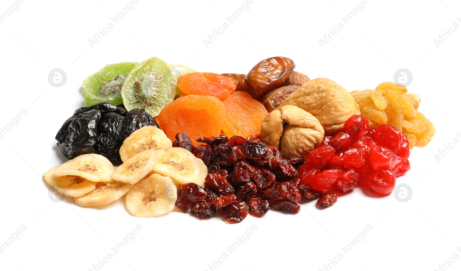 Photo of Different dried fruits on white background. Healthy lifestyle