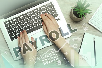Image of Payroll. Woman using laptop at table, top view. Illustrations of bar graphs, arrows and icons