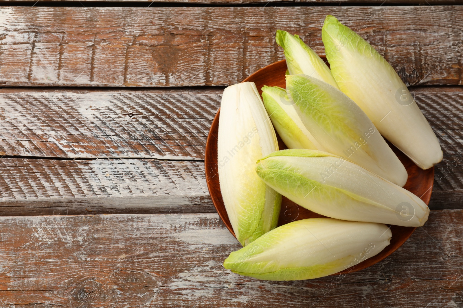 Photo of Fresh raw Belgian endives (chicory) on wooden table, top view. Space for text