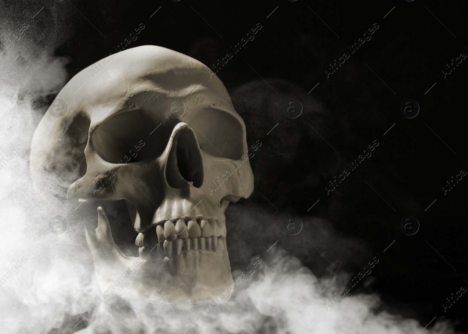 Image of Scary skull emerging from smoke in darkness