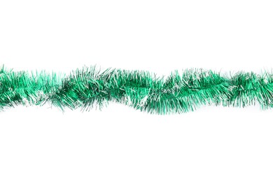 Photo of Shiny green tinsel isolated on white, top view
