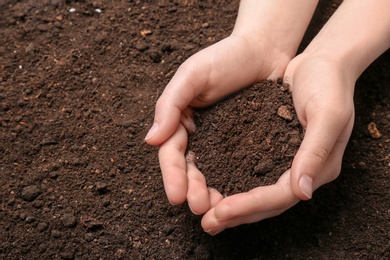 Photo of Woman holding pile of soil above ground, closeup. Space for text