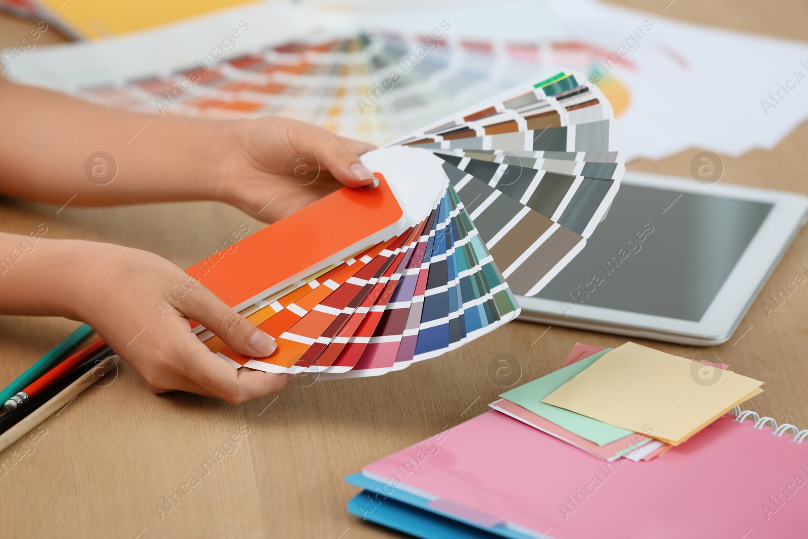 Photo of Designer with paint color palette samples at table, closeup