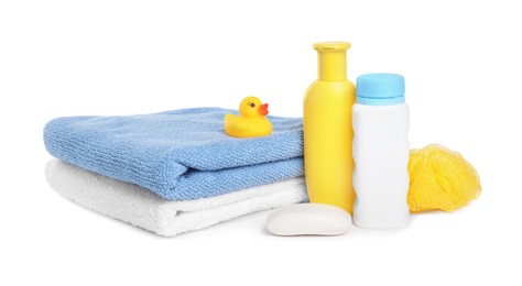 Photo of Baby cosmetic products, bath duck, sponge and towels isolated on white